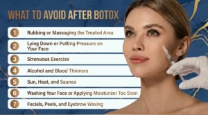 woman receiving botox injection with things to avoid after botox listed beside her