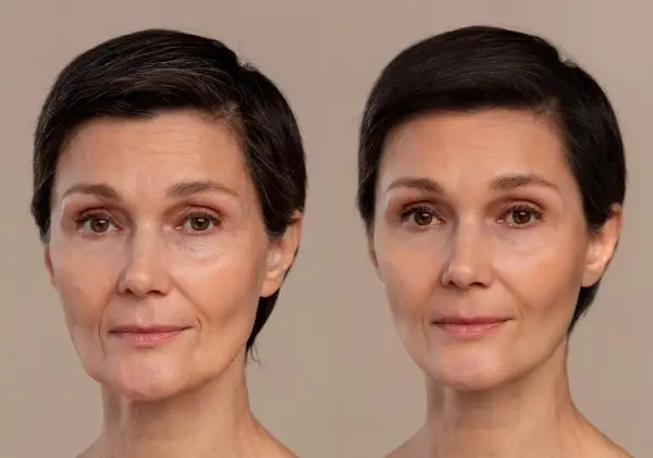 an aged woman with crow feet and wrinkles on face