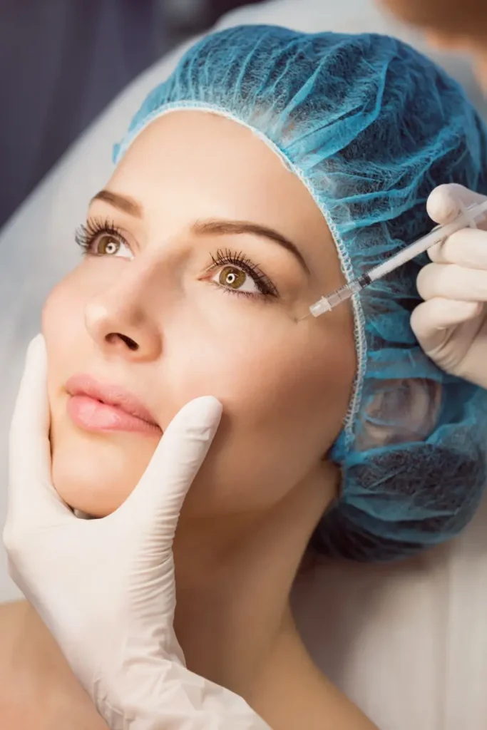 A woman receiving a Botox injection near the eye area from a clinician wearing gloves